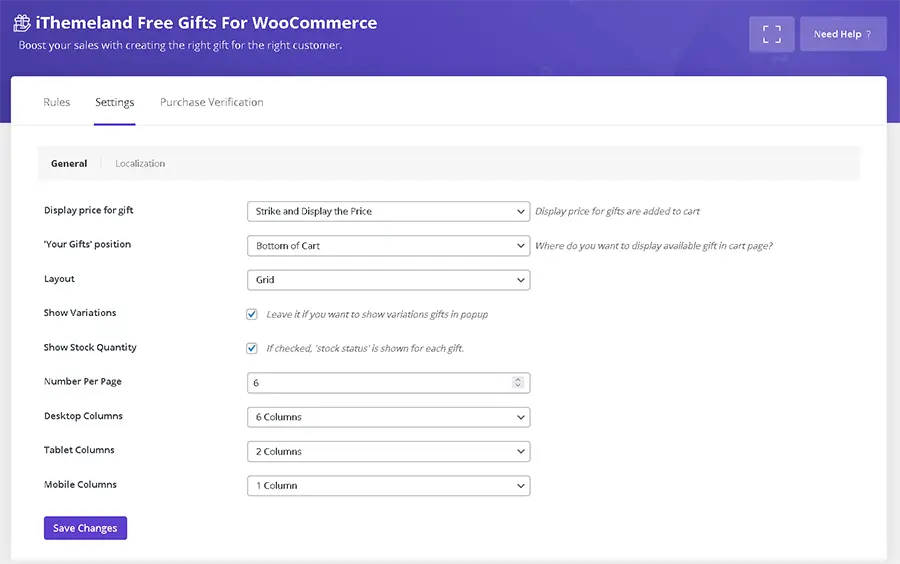 WooCommerce free gift product plugin setting page