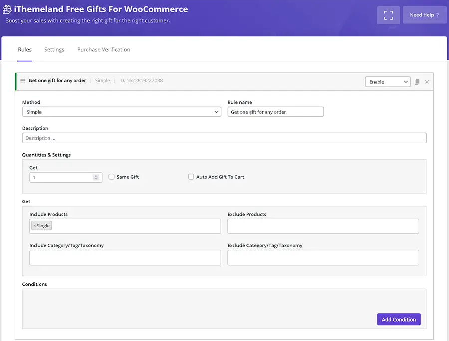 In WooCommerce free gifts you can set simple method for giveaway gift products