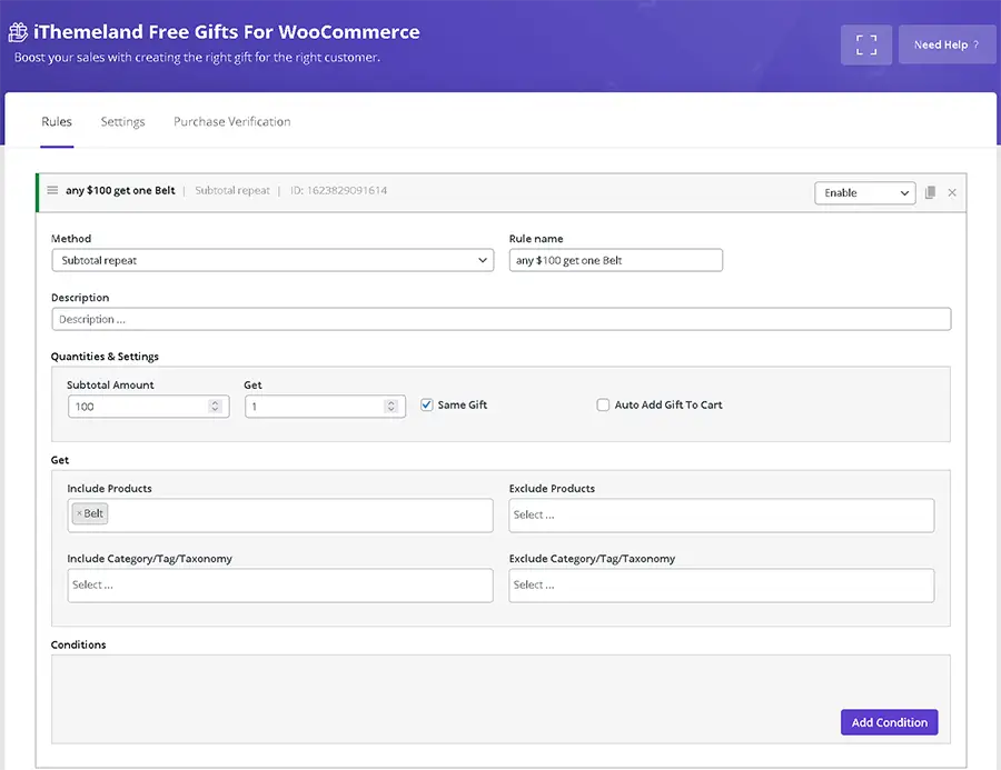 In WooCommerce gift product plugin plugin you can set subtotal method for giveaway gift products. This mean customer giveaway gifts based on cart subtotal and repeat this with more values.