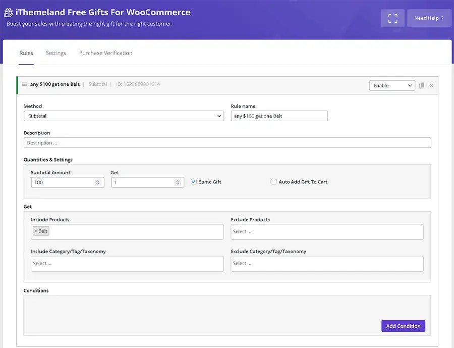 In WooCommerce gift product plugin plugin you can set subtotal method for giveaway gift products. This mean customer giveaway gifts based on cart subtotal