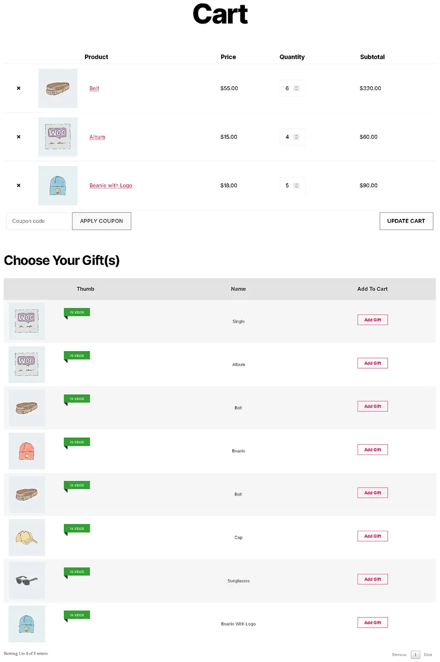 Available gift products can be shown as data grid(table) view on WooCommerce checkout page