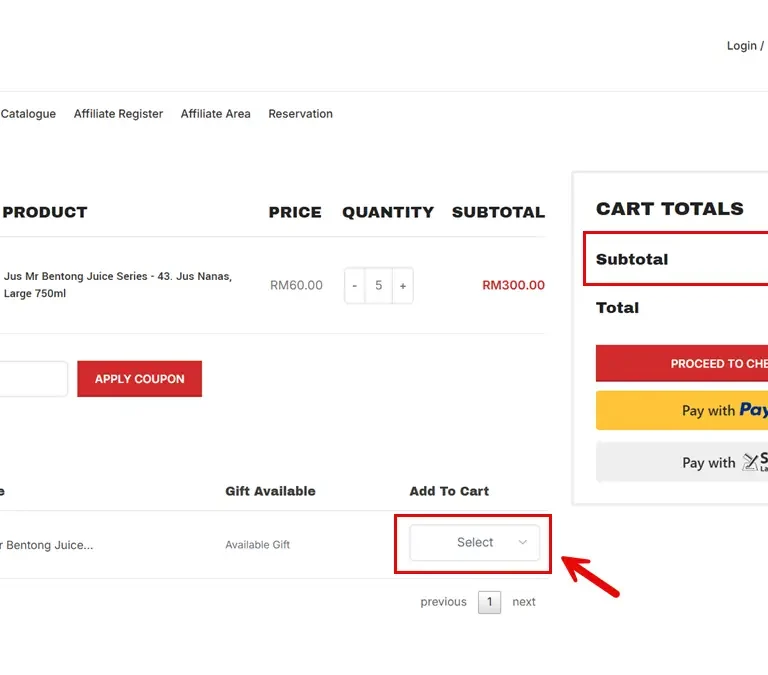 Result of showing avaiable gifts in cart