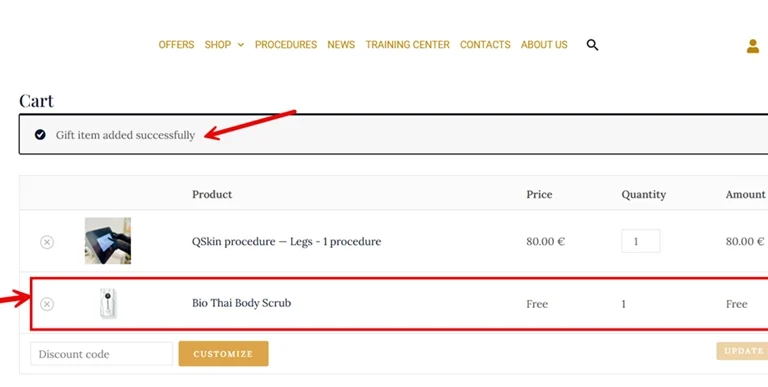 Result of added gift in your cart