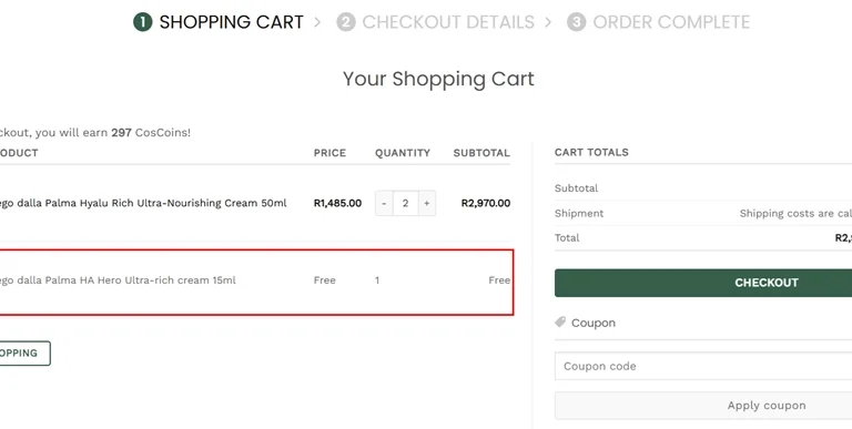 Check the cart and see the free gift added to your cart