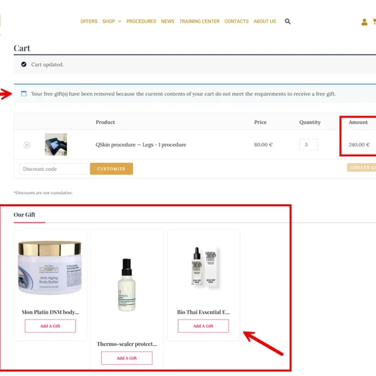 Update your cart subtotal amount to unlock different free gifts