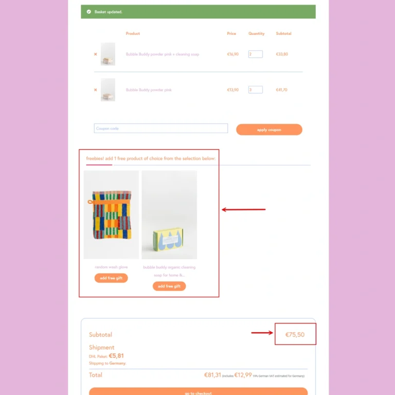 Add more product to unlock gifts for more than €69 subtotal amount