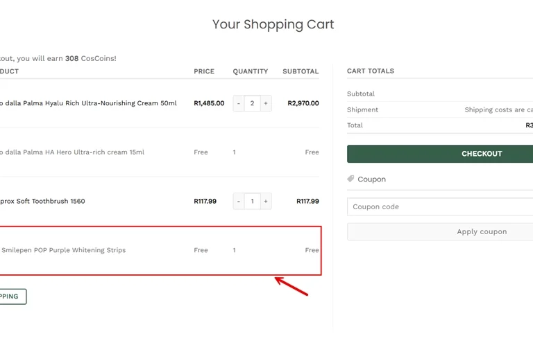 Result of added free gift in your cart
